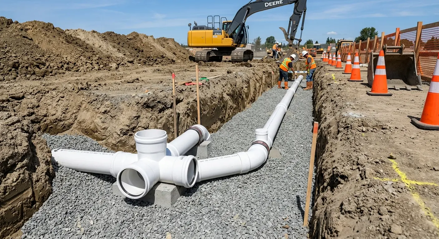 New PVC sewer pipe installation in open trench for Sewer Backup in Hurricane