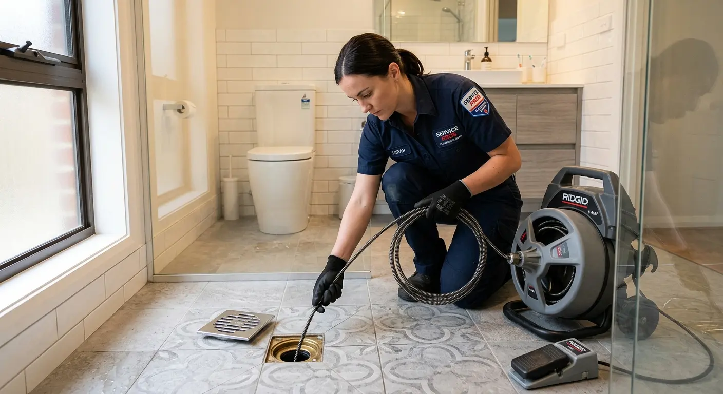 Technician clearing a bathroom floor drain for Hydro Jetting in Hurricane